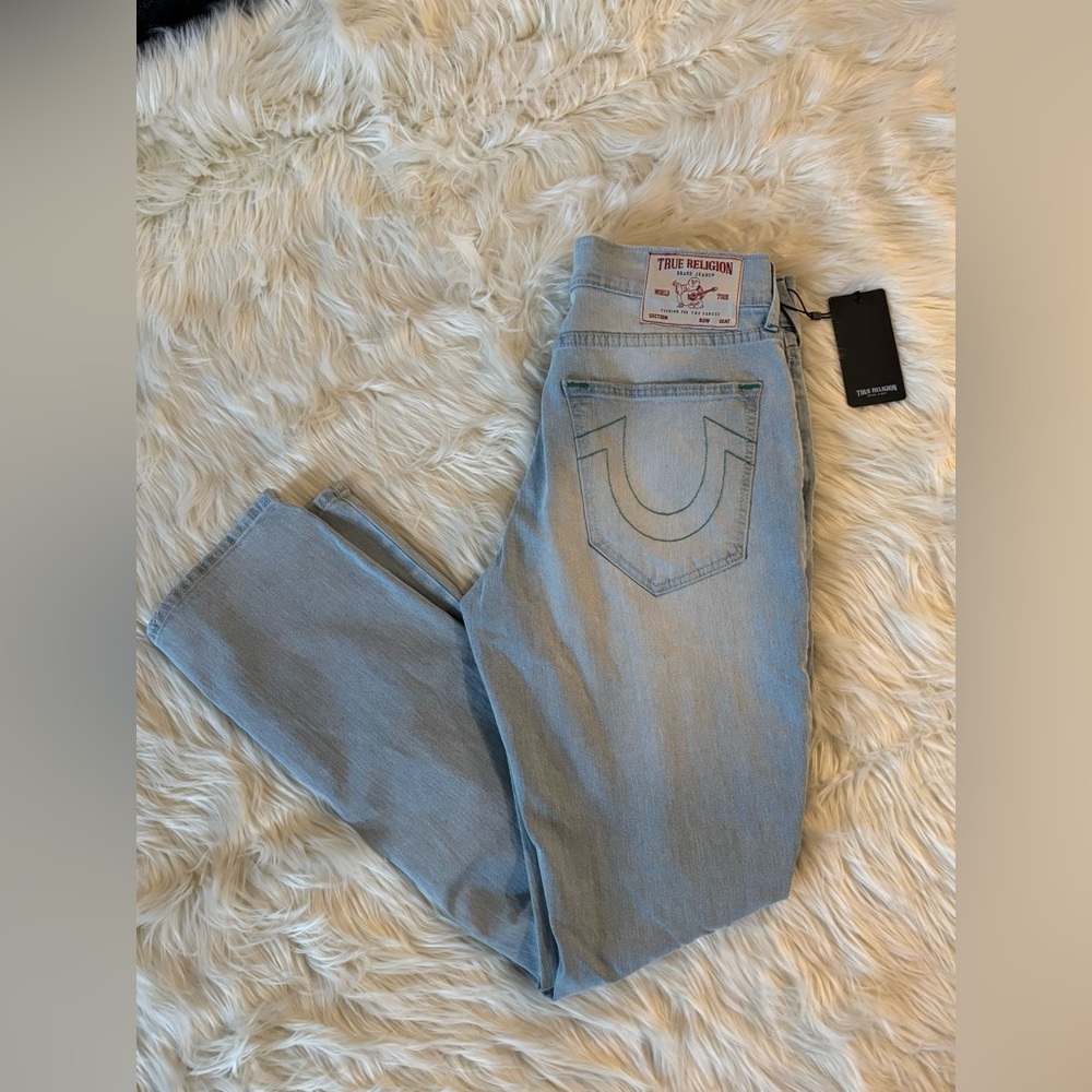 NWT True Religion men’s Geno distressed slim Jeans W 33 L 32 light wash green